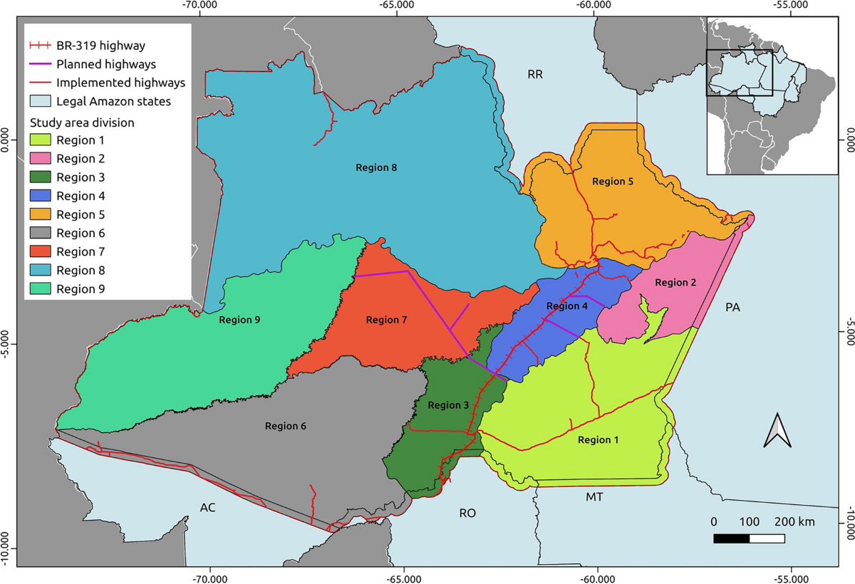Mapa da Amazônia Legal com recortes regionais e limites de estradas