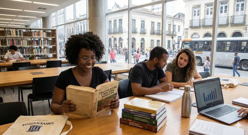 Ambiente institucional com profissionais de Serviço Social em atividade, representando rotinas de atendimento e estudos.