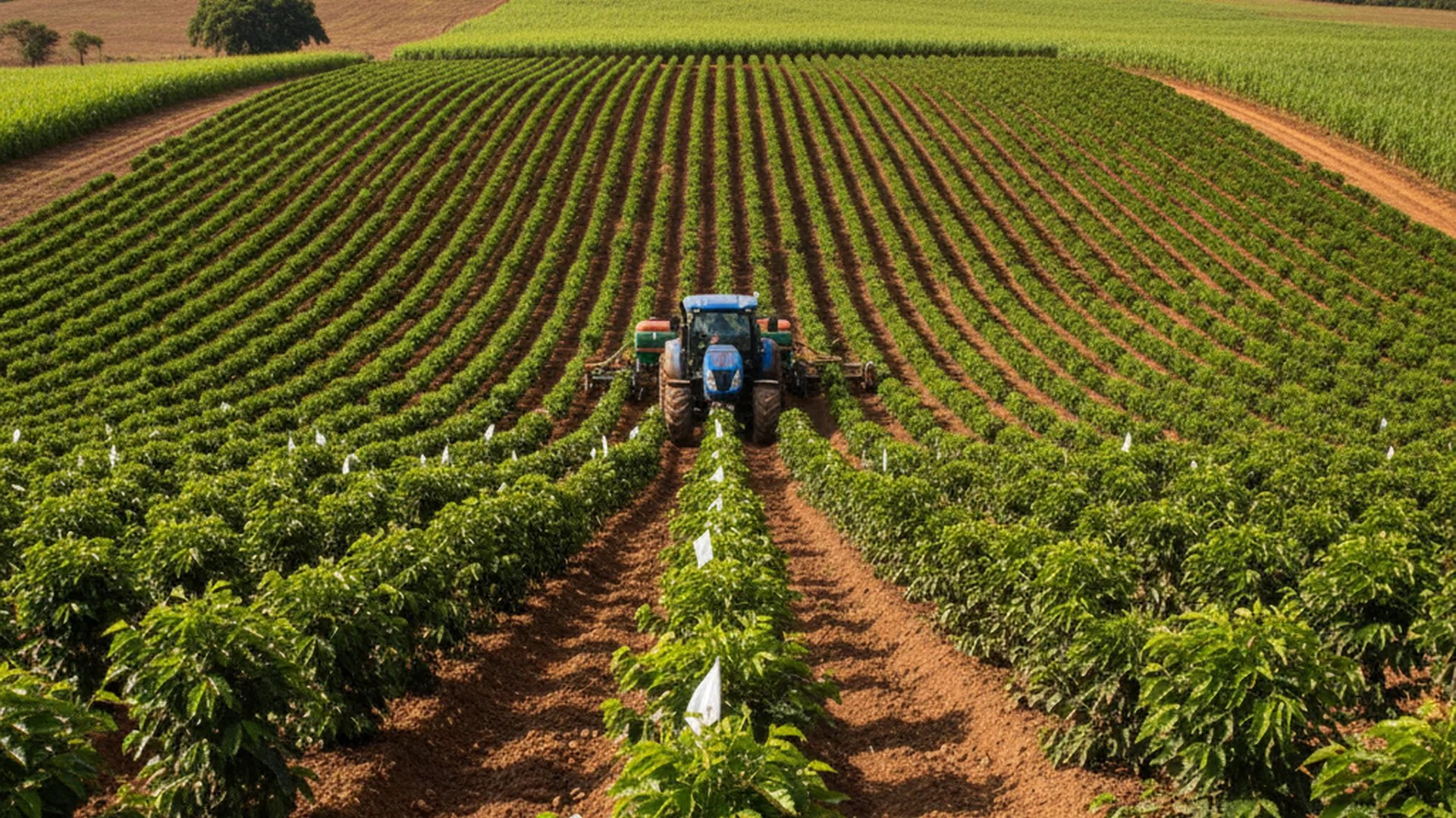 Linhas de plantação de café em morros no Sul de Minas ao amanhecer