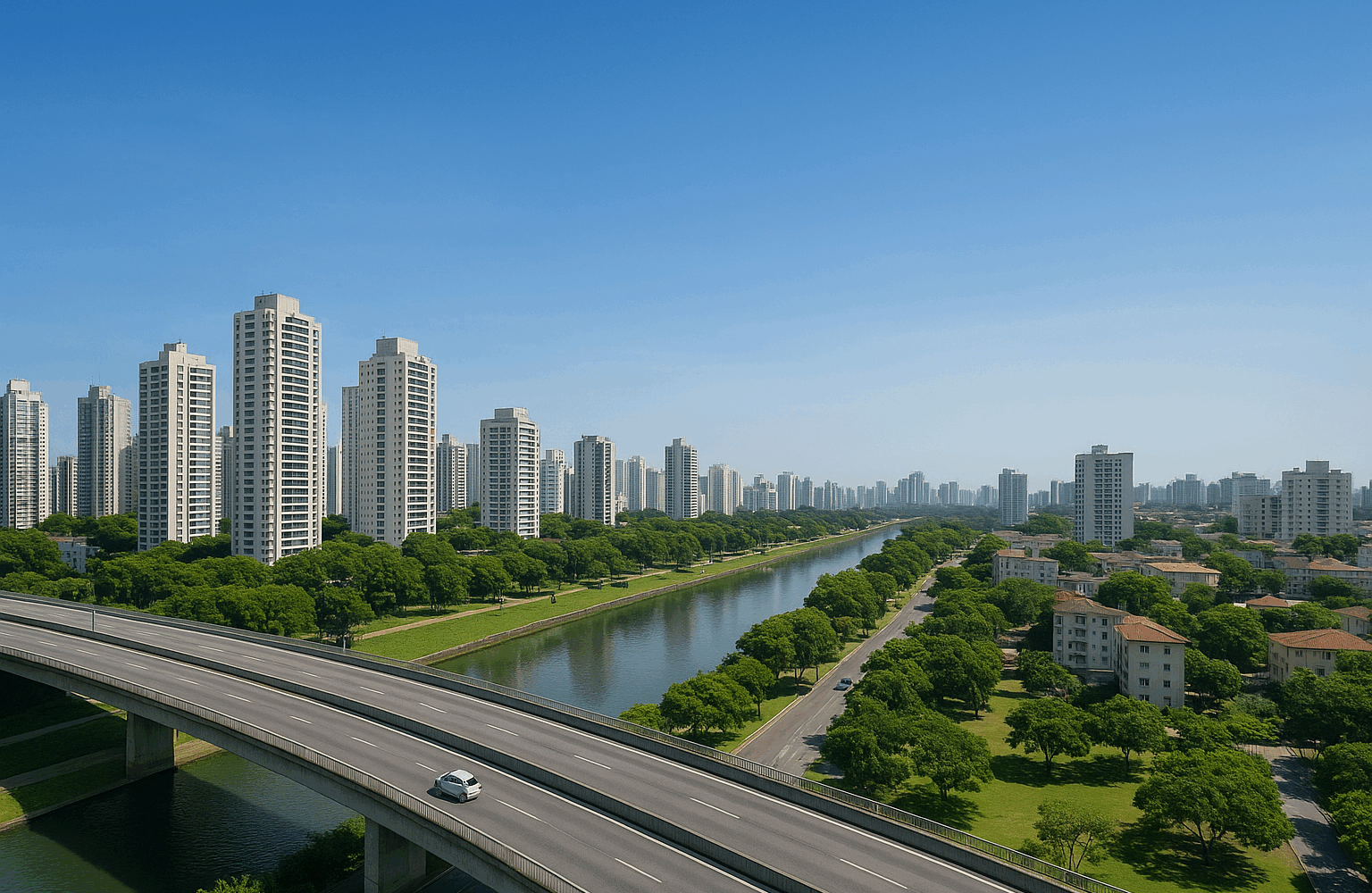 Vista urbana de cidade catarinense com rio e ponte, remetendo a infraestrutura e urbanização no Vale do Itajaí