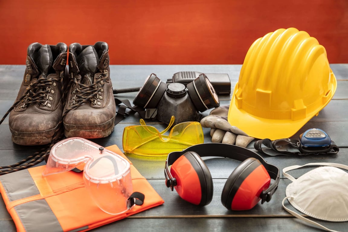 Equipamentos de proteção individual de trabalhadores da construção civil, como capacete, óculos e botas, organizados sobre uma mesa.
