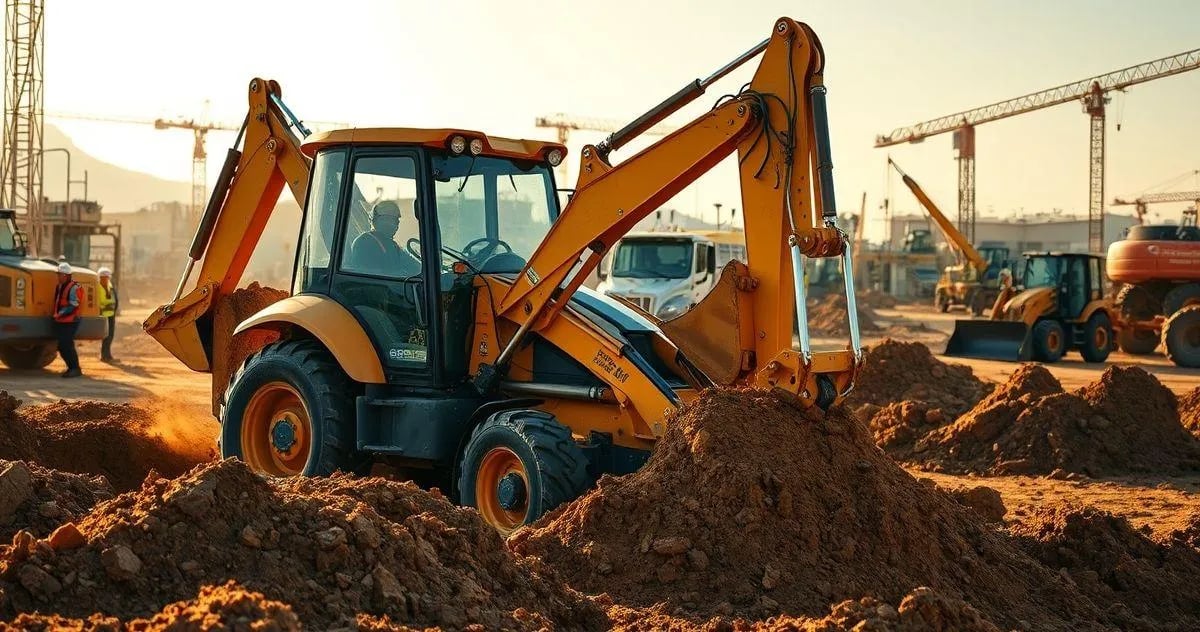 Retroescavadeira operando em canteiro de obras, representando serviços de infraestrutura urbana e rurais
