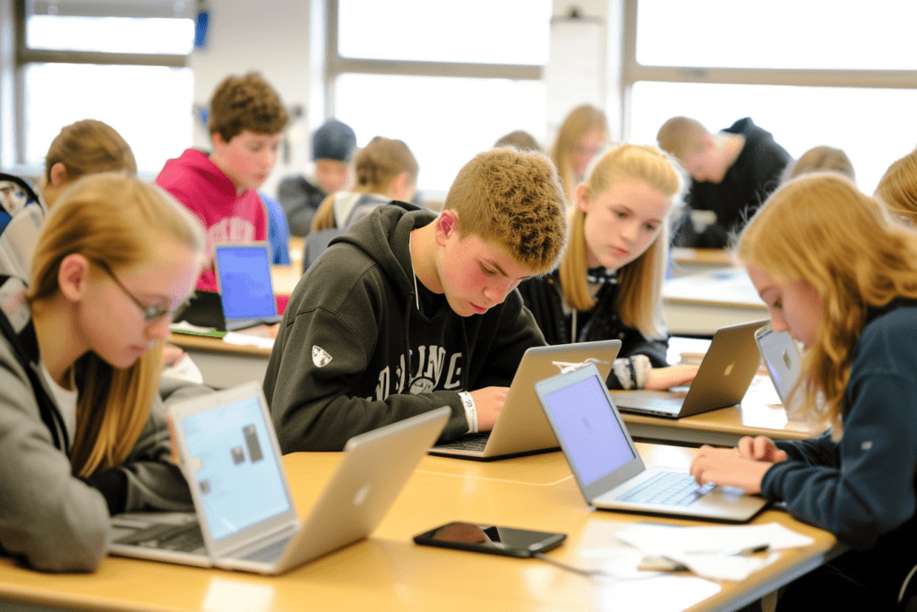 Sala de aula de tecnologia com professor e estudantes