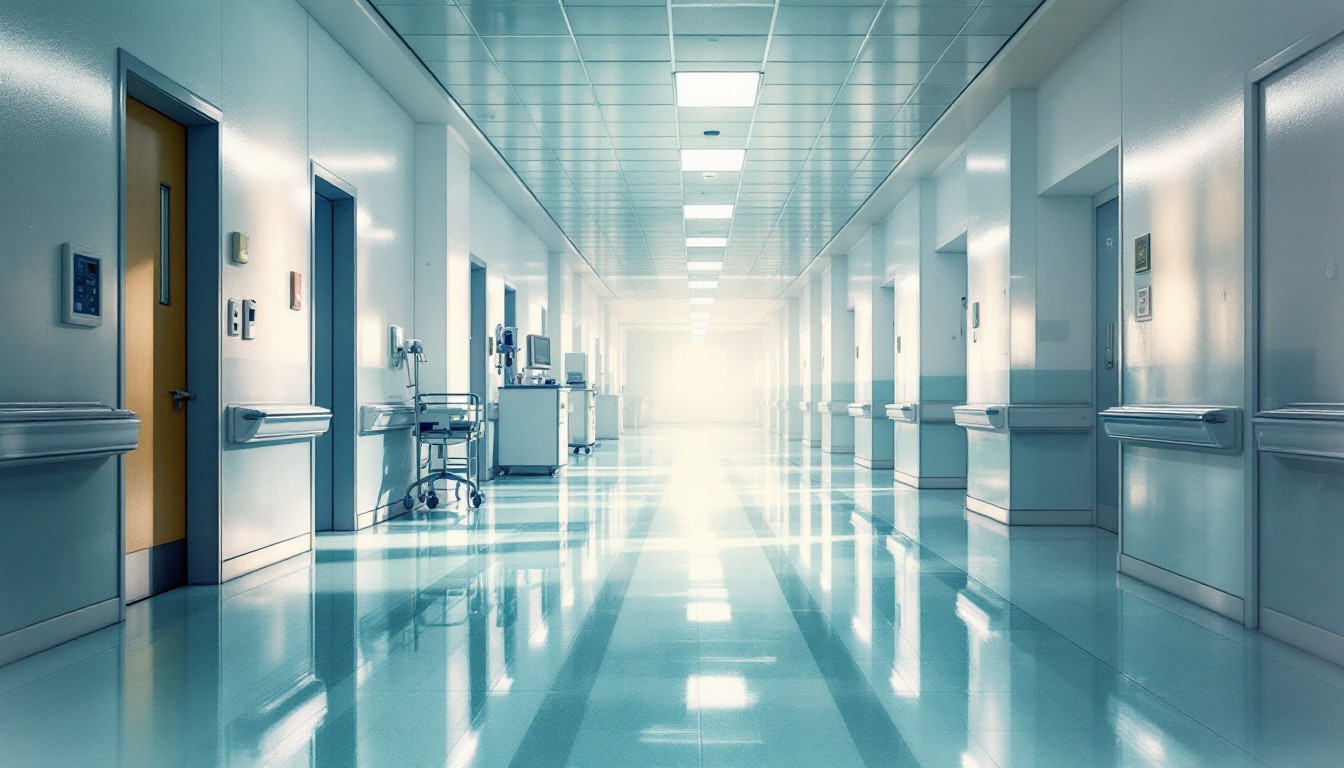 Corredor de hospital moderno com iluminação natural e profissionais de saúde