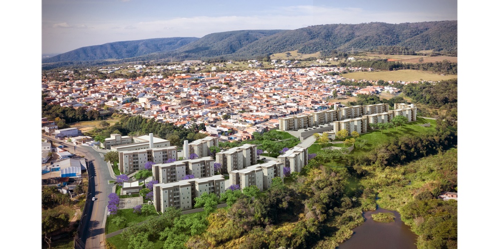 Vista de Cabreúva com áreas verdes e morros ao fundo
