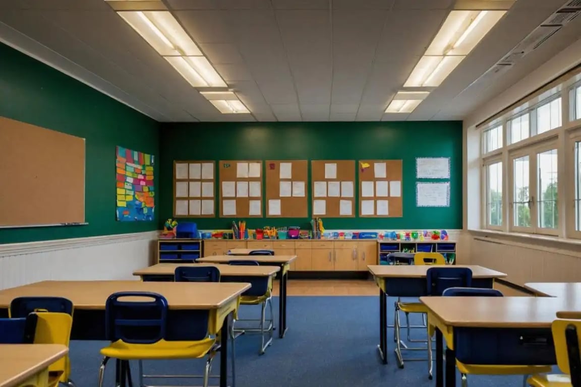 Sala de aula de escola pública municipal, com carteiras e materiais escolares organizados