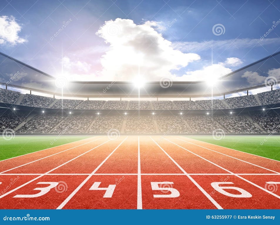 Pista de atletismo com numeração de raias e estádio ao fundo