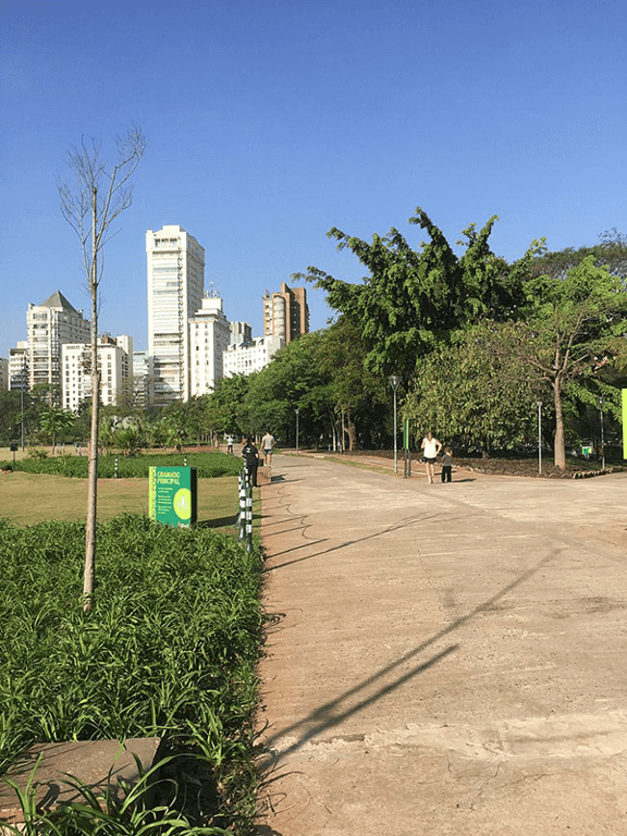 Vista aérea de Presidente Prudente ao entardecer, com parque urbano em primeiro plano e prédios ao fundo