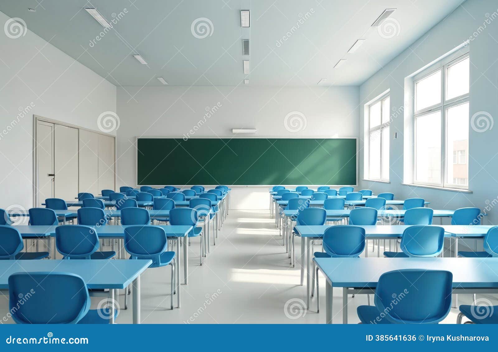 Sala de aula universitária moderna, com carteiras e iluminação natural