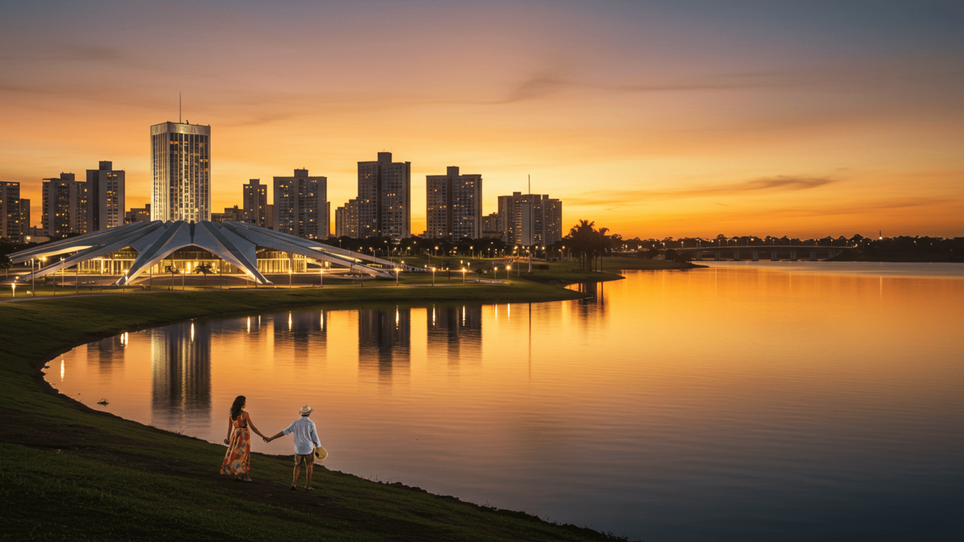 Entardecer urbano em Paraíso do Tocantins, com lago e cidade ao fundo
