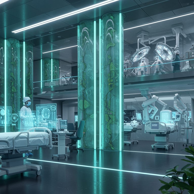 Leito hospitalar e profissional de saúde em ambiente moderno, com monitores e iluminação azul