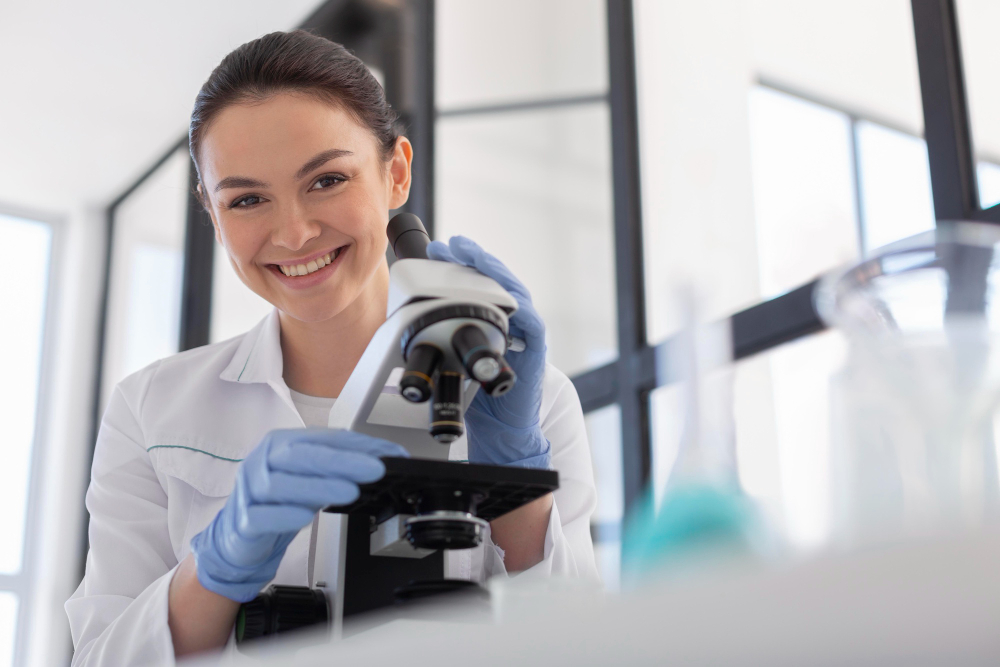 Ambiente de laboratório/hemoterapia com profissional de saúde e equipamentos
