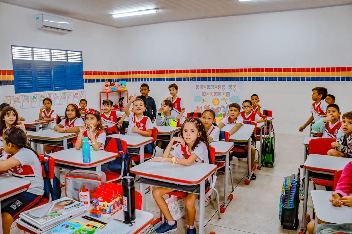 Sala de aula do ensino fundamental com professor e alunos