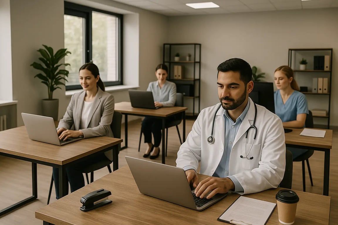 Profissionais de saúde e gestão em reunião administrativa