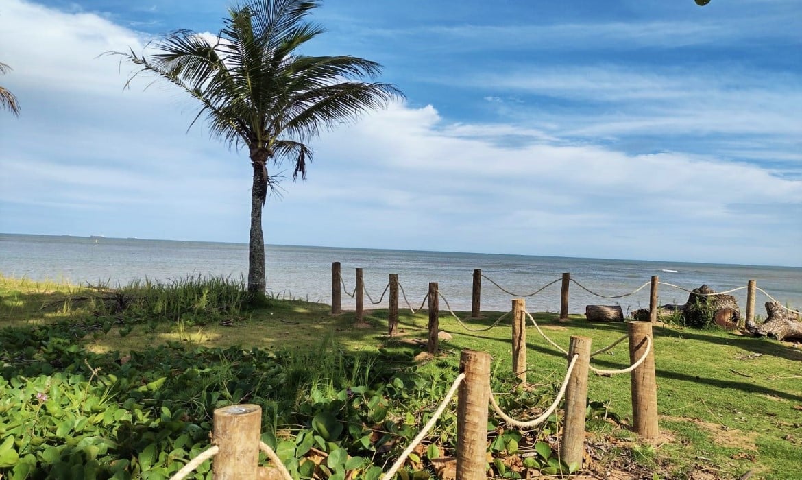Vista do litoral de Aracruz ES ao entardecer, com faixa de areia, coqueiros e mar calmo