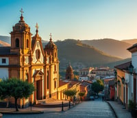 Centro histórico de Ouro Preto MG ao entardecer com igrejas barrocas e casario colonial.