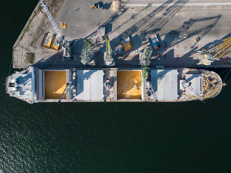 Vista aérea do Porto de Santos com navios de carga e guindastes