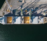 Vista aérea do Porto de Santos com navios de carga e guindastes