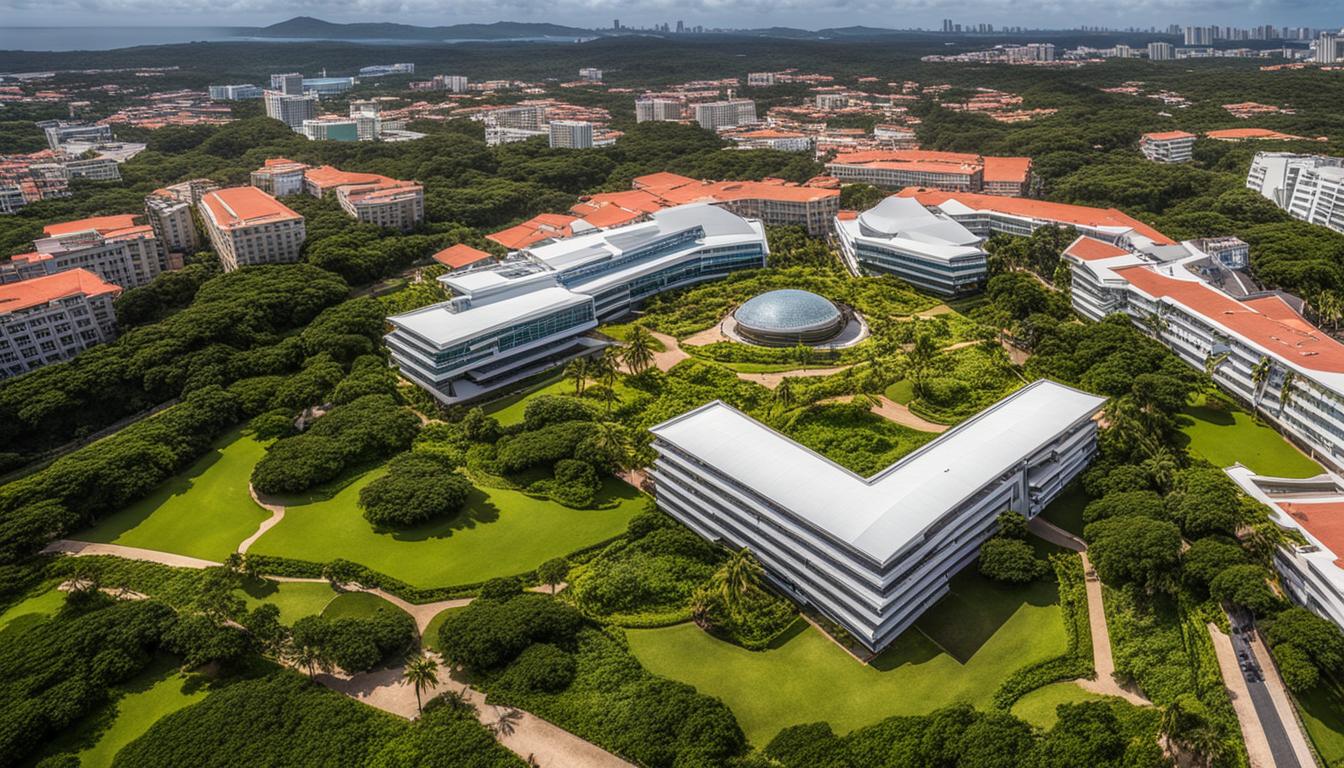 Ambiente acadêmico com vegetação e prédios modernos