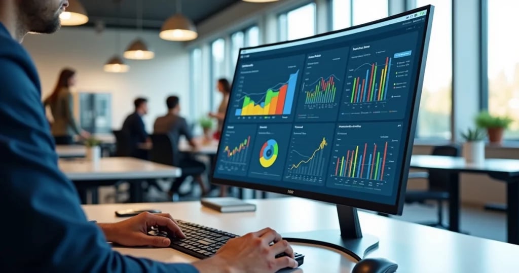 Equipe de tecnologia em escritório moderno analisando gráficos em monitor
