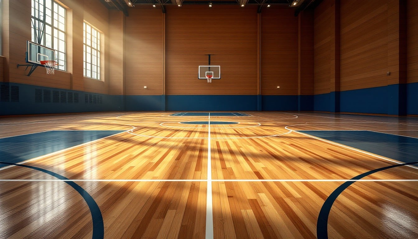 Quadra esportiva universitária vazia, com aros e demarcações de basquete