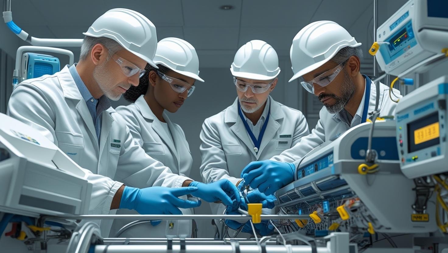 Técnicos industriais em manutenção elétrica e mecatrônica em chão de fábrica