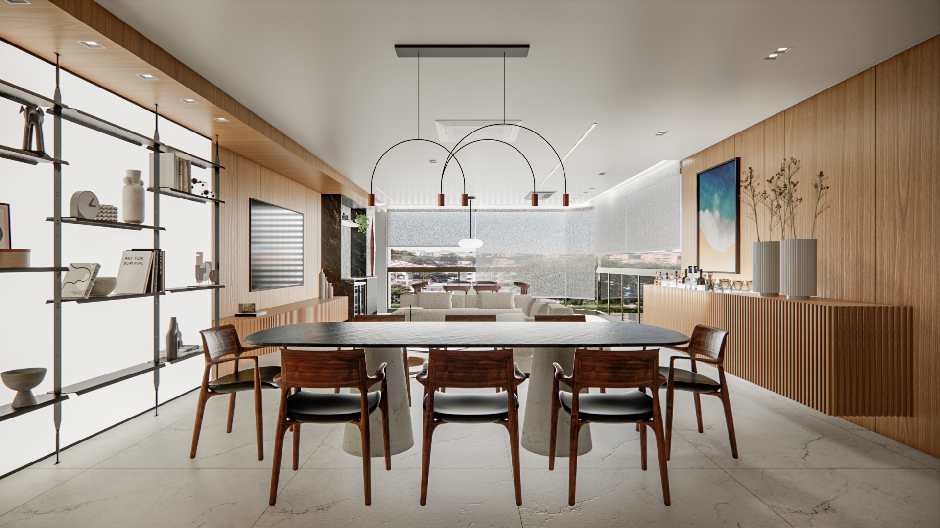 Ambiente corporativo contemporâneo com mesa de trabalho