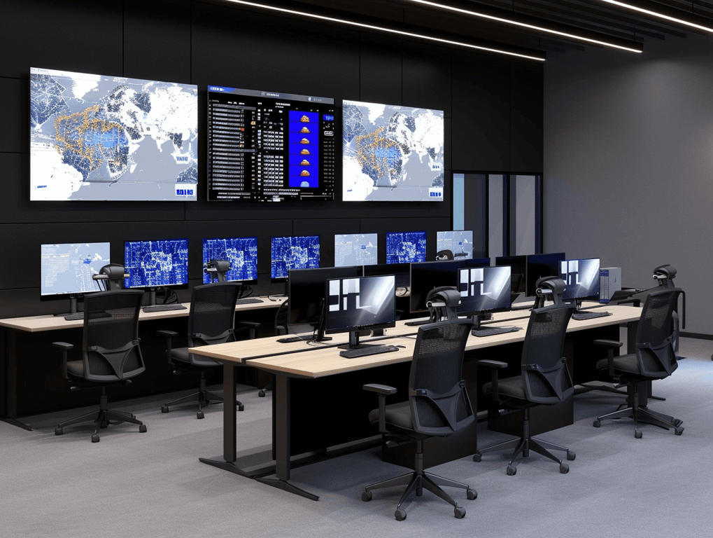 Centro de operações/coordenação em saúde, com estações e monitores em atividade