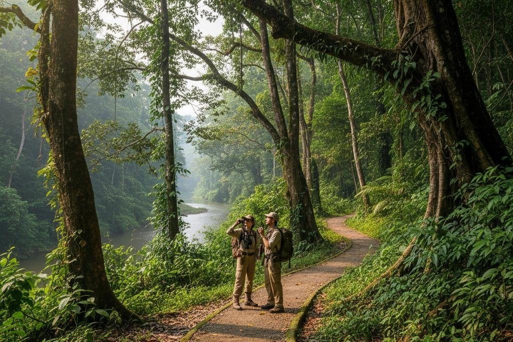 Visitantes em trilha sinalizada recebendo orientação de agente ambiental