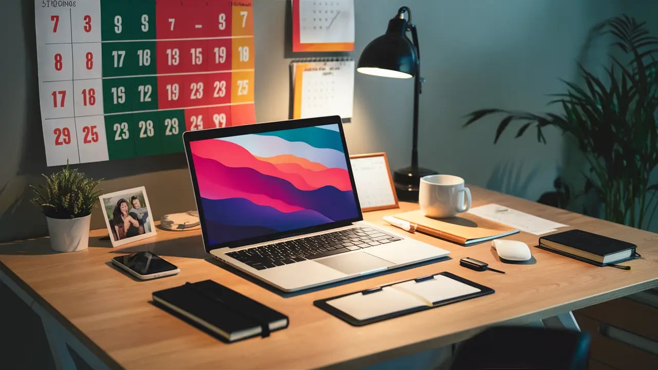 Mesa de trabalho com laptop, plantas e material de desenho em escritório moderno