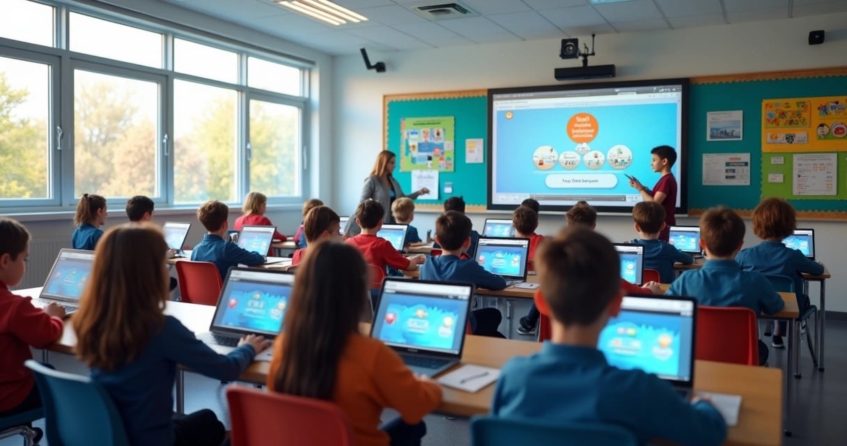 Sala de aula em escola técnica com professor e alunos utilizando laptops
