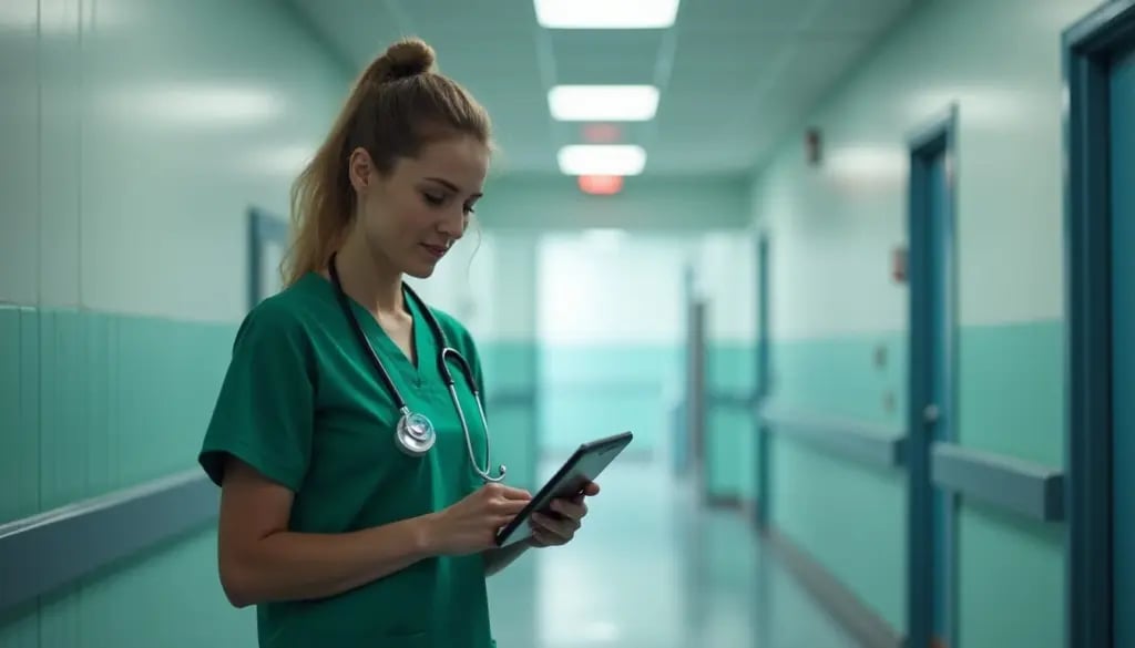 Profissional de saúde em corredor hospitalar usando tablet