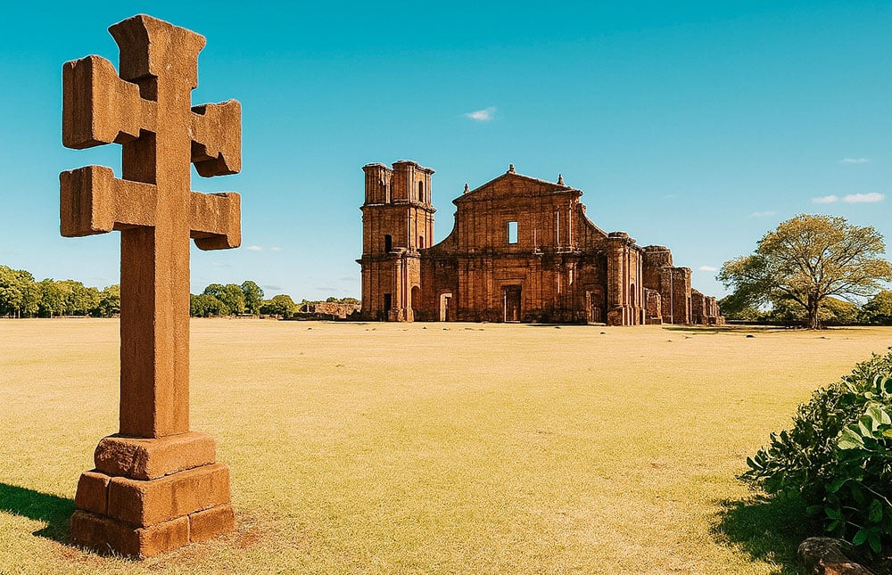 Ruínas de São Miguel das Missões ao entardecer, patrimônio jesuítico-guarani