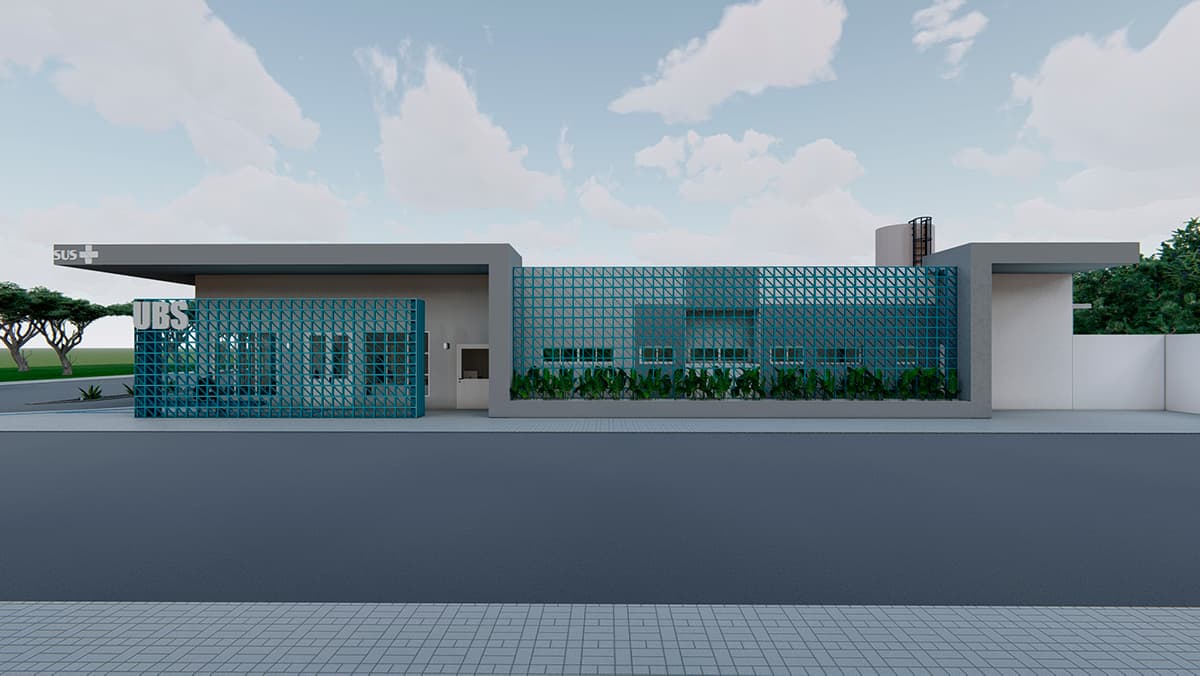 Unidade Básica de Saúde (UBS) em cidade do Nordeste, fachada simples e ambiente urbano de pequeno porte