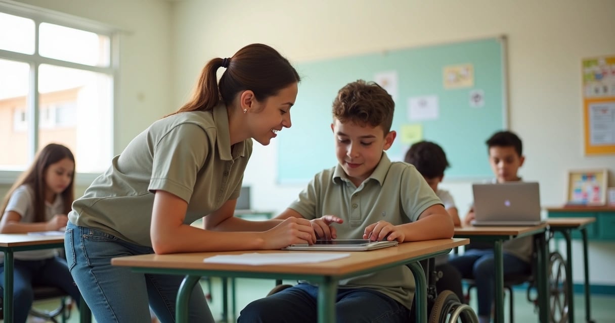 Ambiente escolar inclusivo, com cuidadora auxiliando estudante em sala de aula