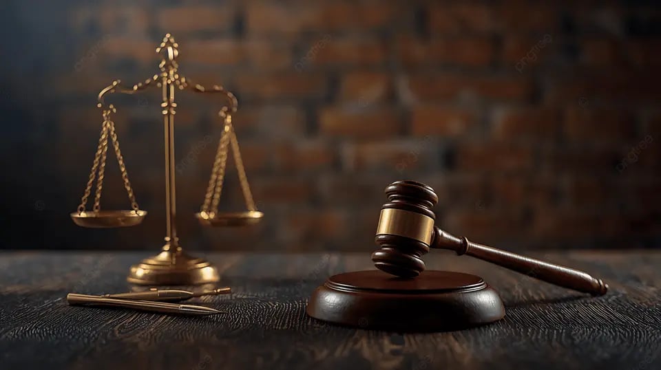 Ambiente jurídico: mesa de trabalho com livros e balança da justiça