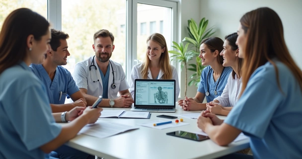 Equipe de qualidade em saúde reunida avaliando indicadores