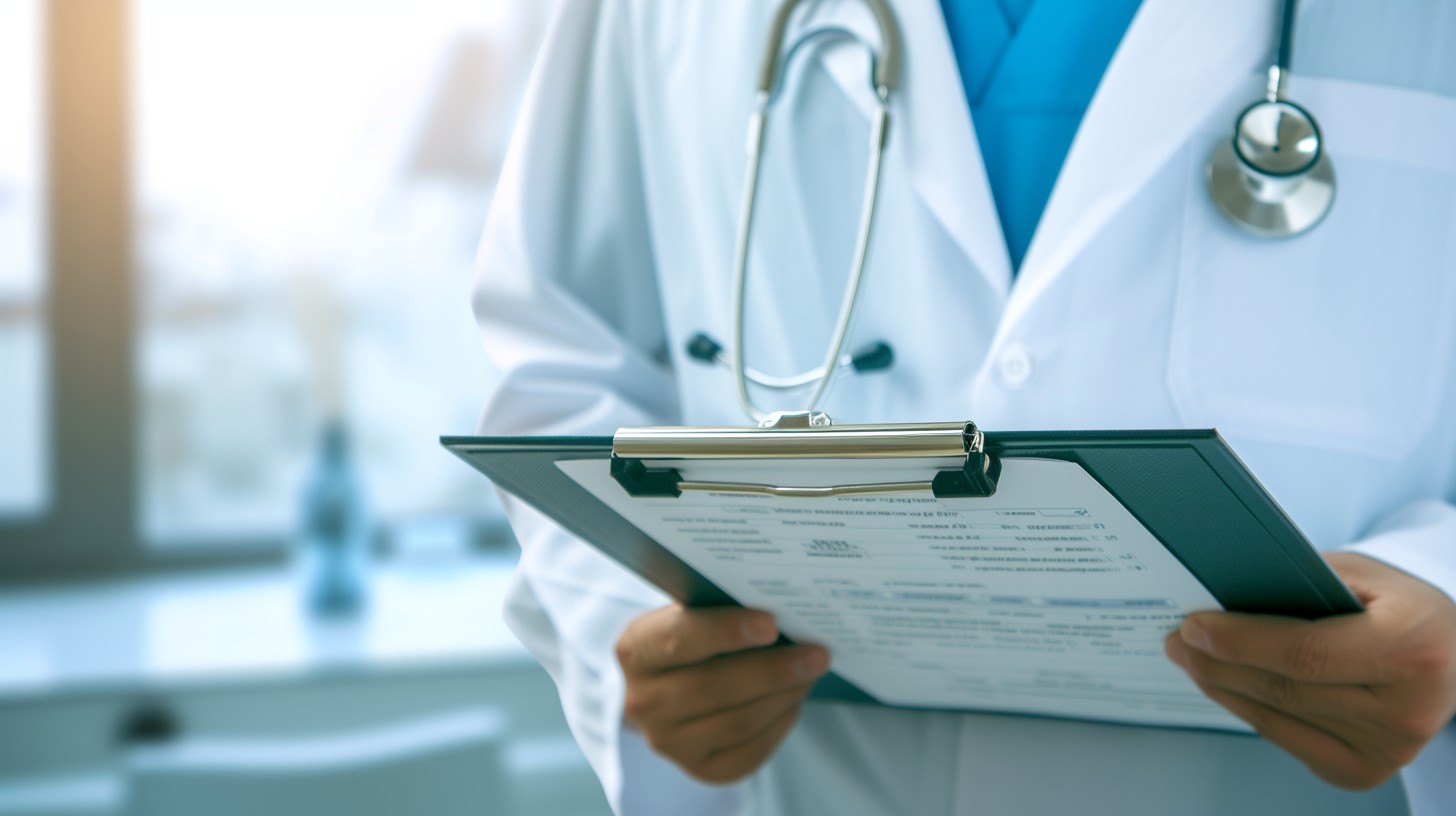 Profissional de saúde em consultório, com jaleco e prancheta, em ambiente clínico moderno