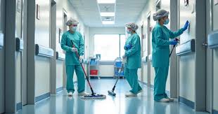 Profissionais de saúde em corredor hospitalar, com EPI, durante rotina de trabalho