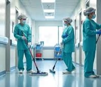 Profissionais de saúde com equipamentos de proteção individual em corredor hospitalar durante rotina de trabalho