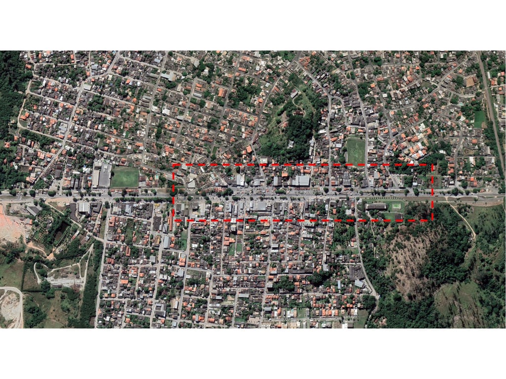 Vista aérea da BR-465 em Seropédica, com áreas urbanas e acesso à região metropolitana