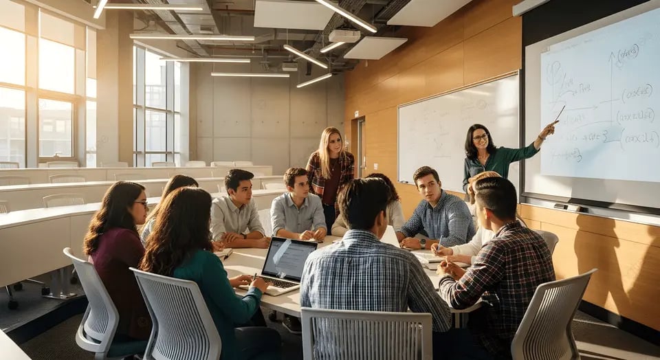 Professor em sala de aula universitária, com alunos adultos e quadro branco ao fundo