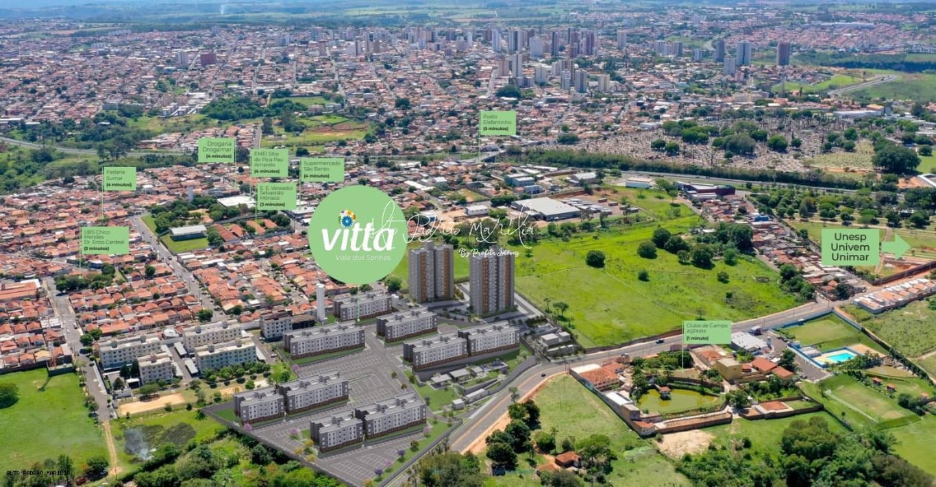 Vista aérea de Marília (SP) ao entardecer, com prédios e áreas verdes, em clima de cidade universitária do interior paulista