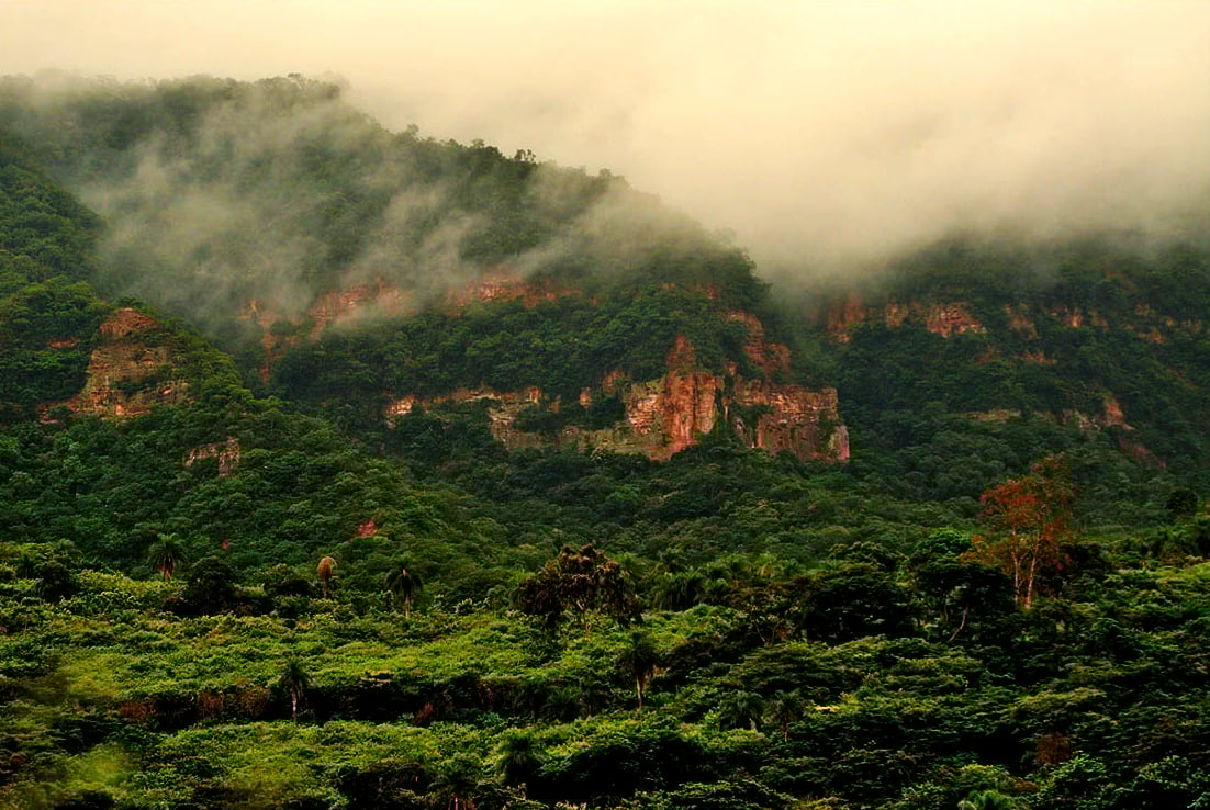 Chapada do Araripe ao entardecer, com vegetação da Caatinga e formações rochosas ao fundo