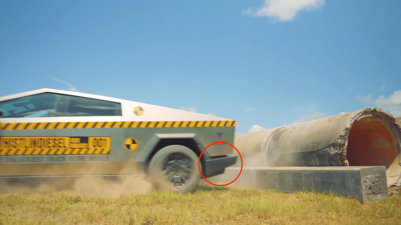 Cybertruck shows visible damage after being dropped onto its rear bumper