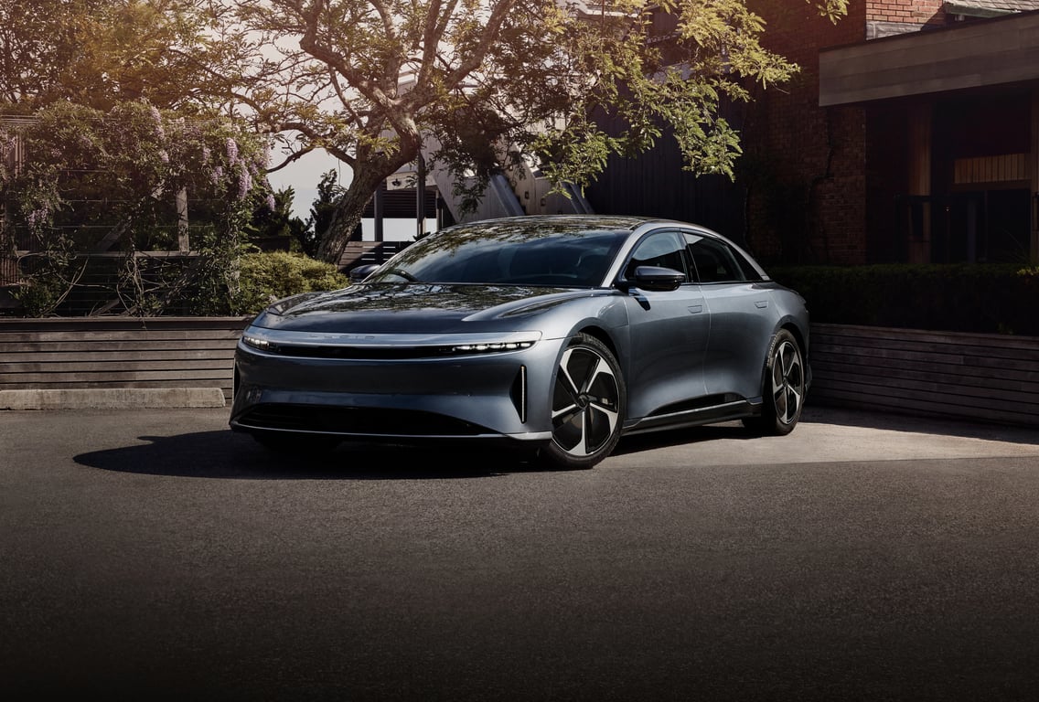 Lucid Motors Air electric vehicle in a driveway.