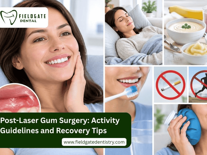 Post-Laser Gum Surgery: Activity Guidelines and Recovery Tips – A happy woman alongside on-screen visuals showing post-surgery care and recovery steps, illustrating the importance of following activity guidelines and proper aftercare for a smooth recovery after laser gum surgery.