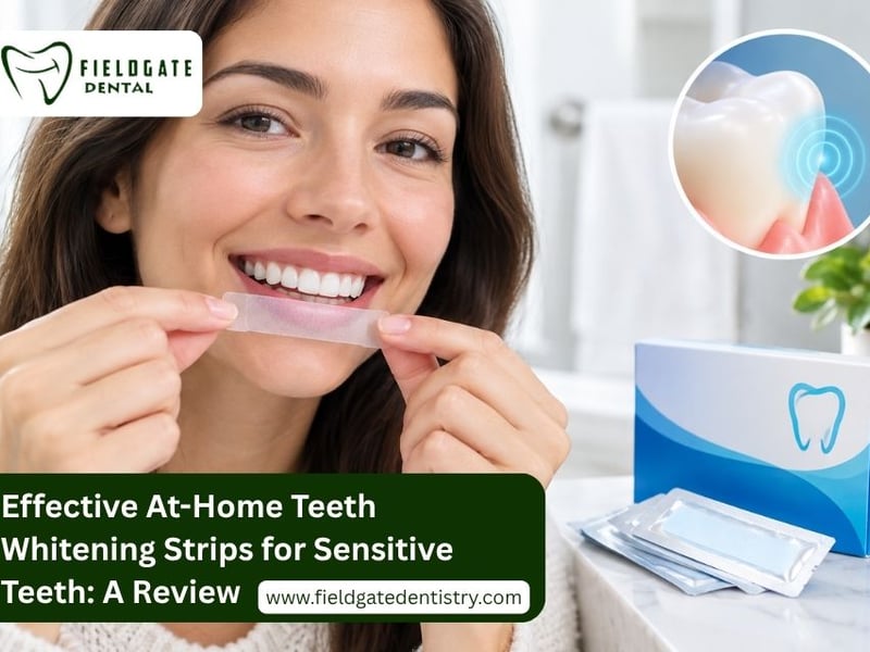 Effective At-Home Teeth Whitening Strips for Sensitive Teeth: A Review” – A woman holding and displaying teeth whitening strips, illustrating at-home whitening options for people with sensitive teeth.