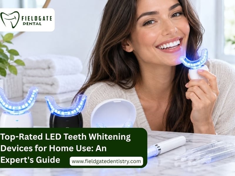 Top-Rated LED Teeth Whitening Devices for Home Use – A smiling woman holding an LED teeth whitening device, showcasing an at-home teeth whitening solution for achieving a brighter smile.