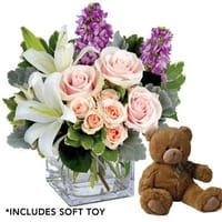 Watercolour Wishes Floral Arrangement with Teddy — view 1